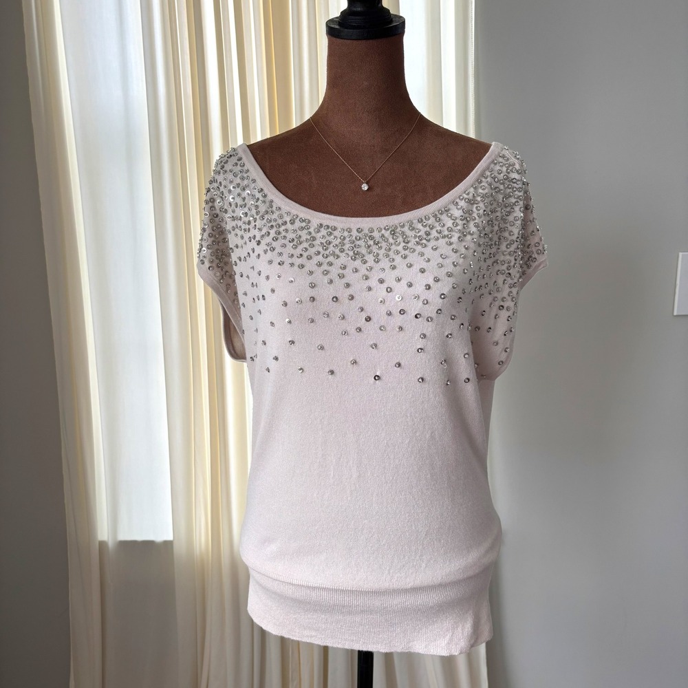 White House Black Market Beaded Top M Sequin Ethereal Dreamy Romcom Glam Fairy